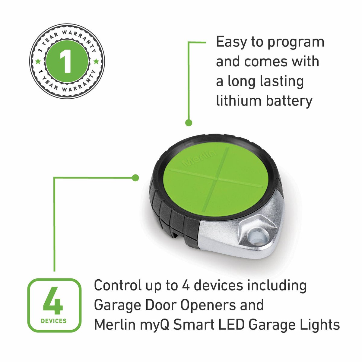 Merlin E985M Four Button Water Resistant Garage Door Remote - 46mm x 57mm - Black & Green - Secure Access - SuperSaverAU - view 5