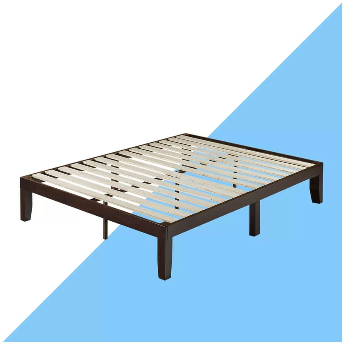 Zinus Moiz queen timber bed base - dark brown pine wood frame, flat wooden slats - AU-RWPBD-14Q