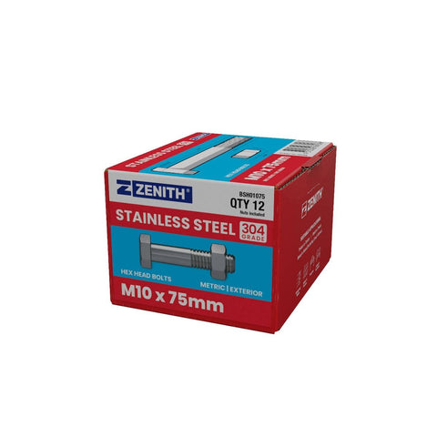 Zenith Stainless Steel 304 Hex Head Bolts & Nuts 12 Pack M10 x 75mm - SuperSaverAU - view 1