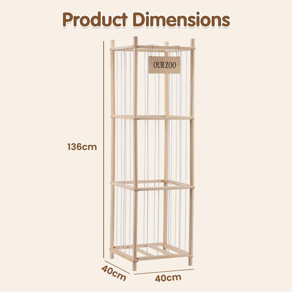 Soft Toy Storage Tower 3-Tier - Natural Wood 136cm - Holds 50+ Plush Toys, Elastic Bar Shelves