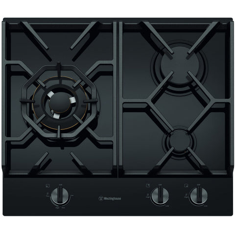Westinghouse 60cm 3 Burner Gas Cooktop - Black Ceramic Glass - 19MJ/h Wok Burner - WHG639BD