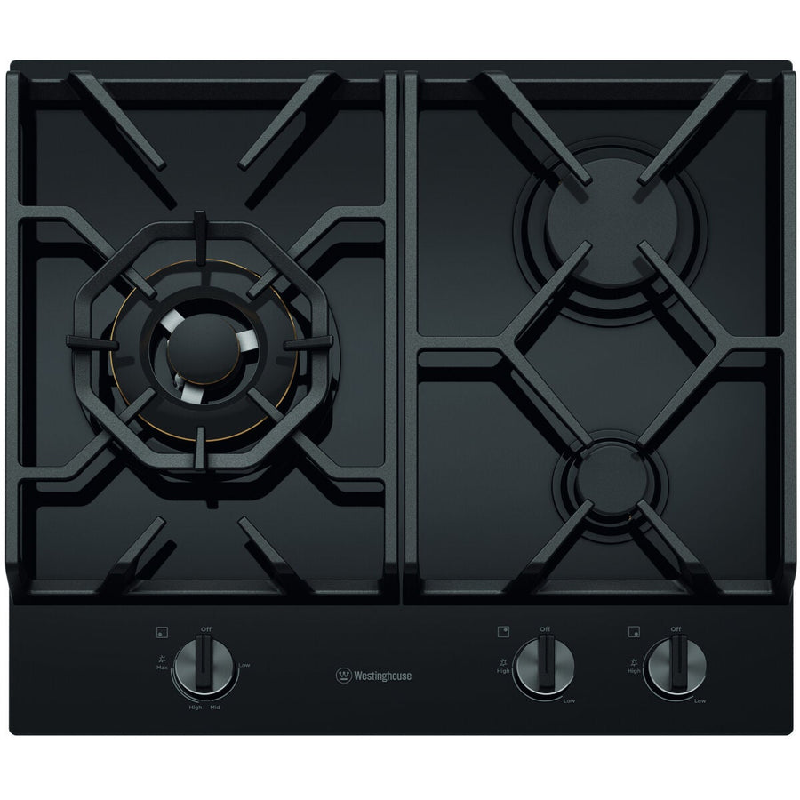 Westinghouse 60cm 3 Burner Gas Cooktop - Black Ceramic Glass - 19MJ/h Wok Burner - WHG639BD