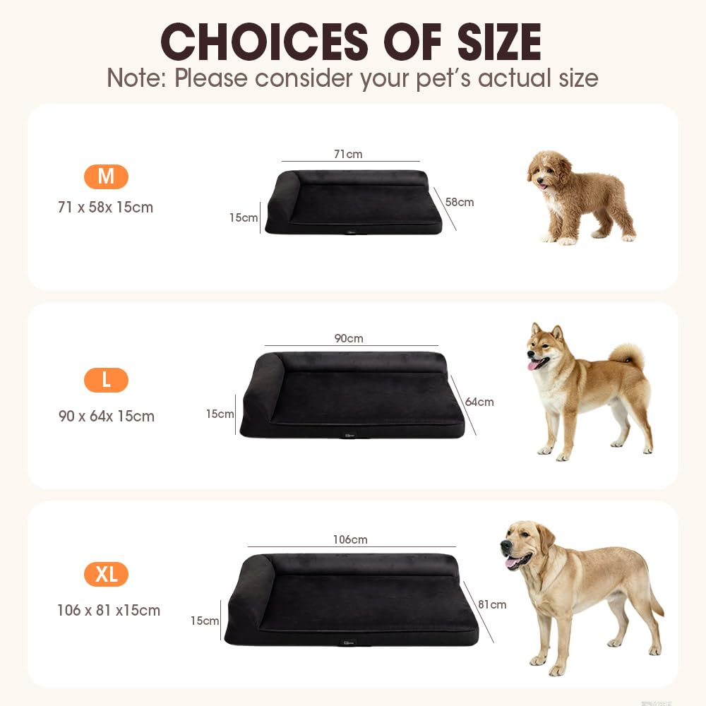 Dog Bed with L Shaped Bolsters - Black, Large 90 x 64 x 15cm - Velvet, Washable Cover, Non Slip Base