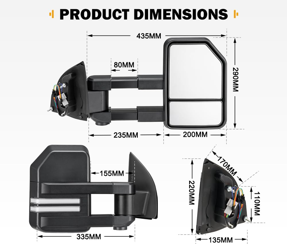Towing Mirrors for Ford Ranger 2012-2022 - Pair - Extends 80mm, Plug and Play Wiring, Flat and Convex Glass, Aluminium