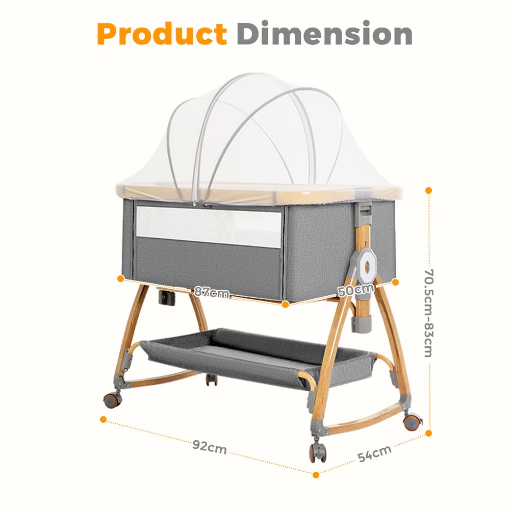 3-in-1 Baby Bassinet and Bedside Sleeper - Grey - 6 Height Levels, Rocking Cradle, Mattress Included