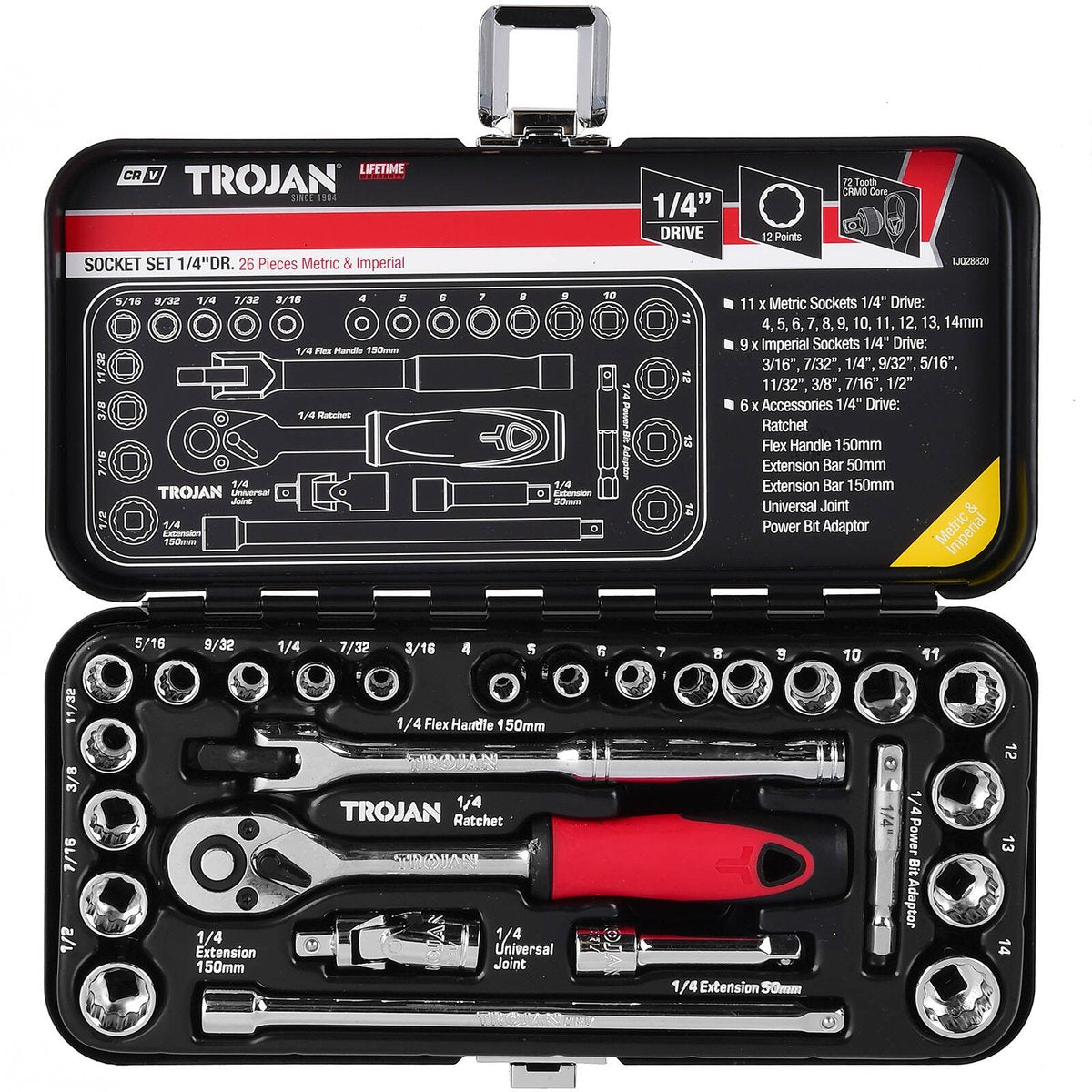 Trojan 26 Piece 1/4" Drive Socket Set - Metric & Imperial - Lifetime Warranty - SuperSaverAU - view 3