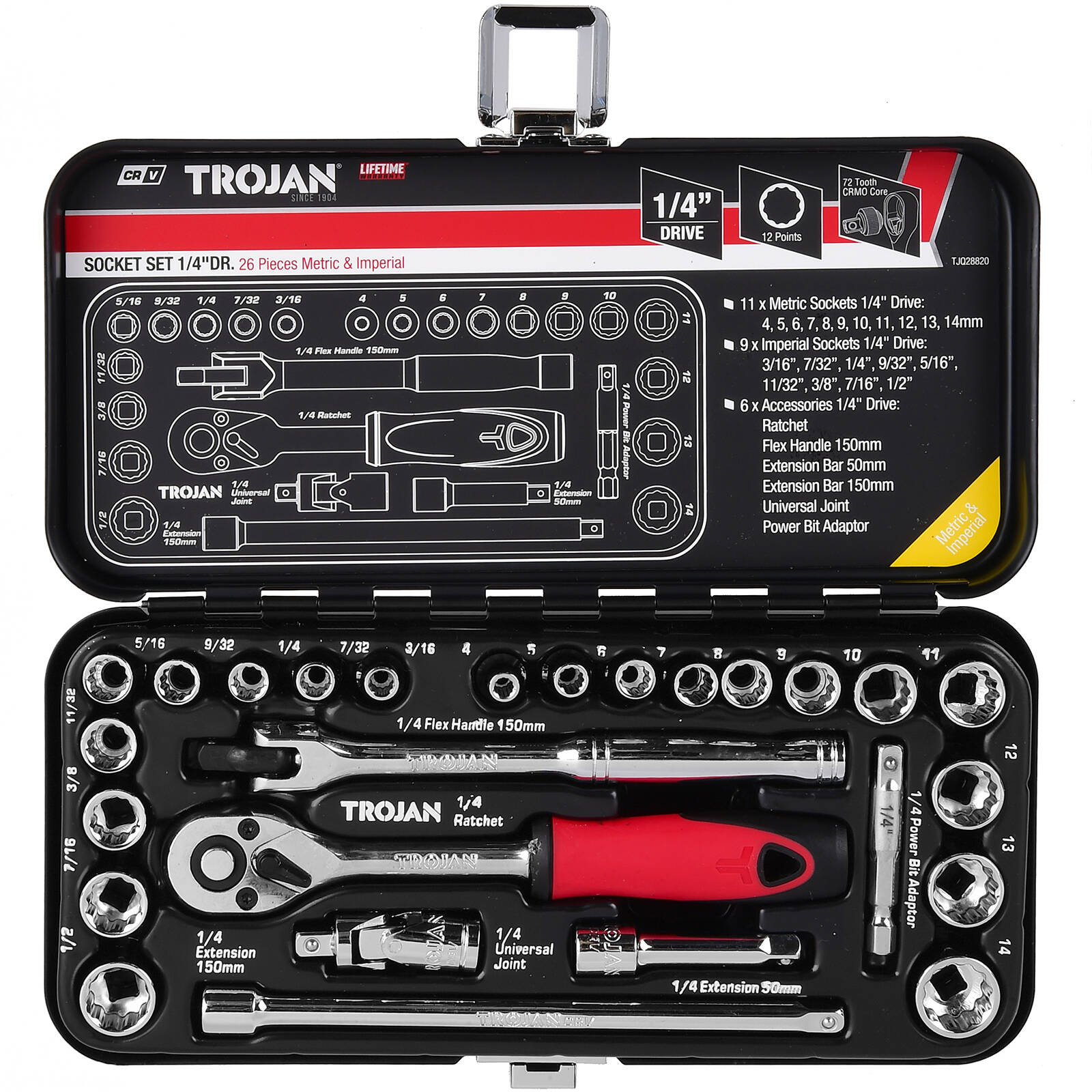 Trojan 26 Piece Socket Tin Set 1/4" Drive Metric & Imperial Chrome Vanadium
