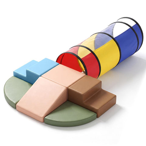 Soft Play Set 7 Piece - Morandi - Crawl Tunnel, PU Leather Foam Blocks, Non-Slip Base