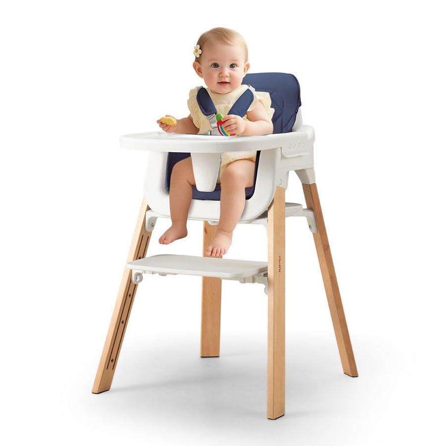 3-in-1 Wooden Baby High Chair - Blue - 5-Point Harness, Food-Grade Tray, 5-Level Footrest