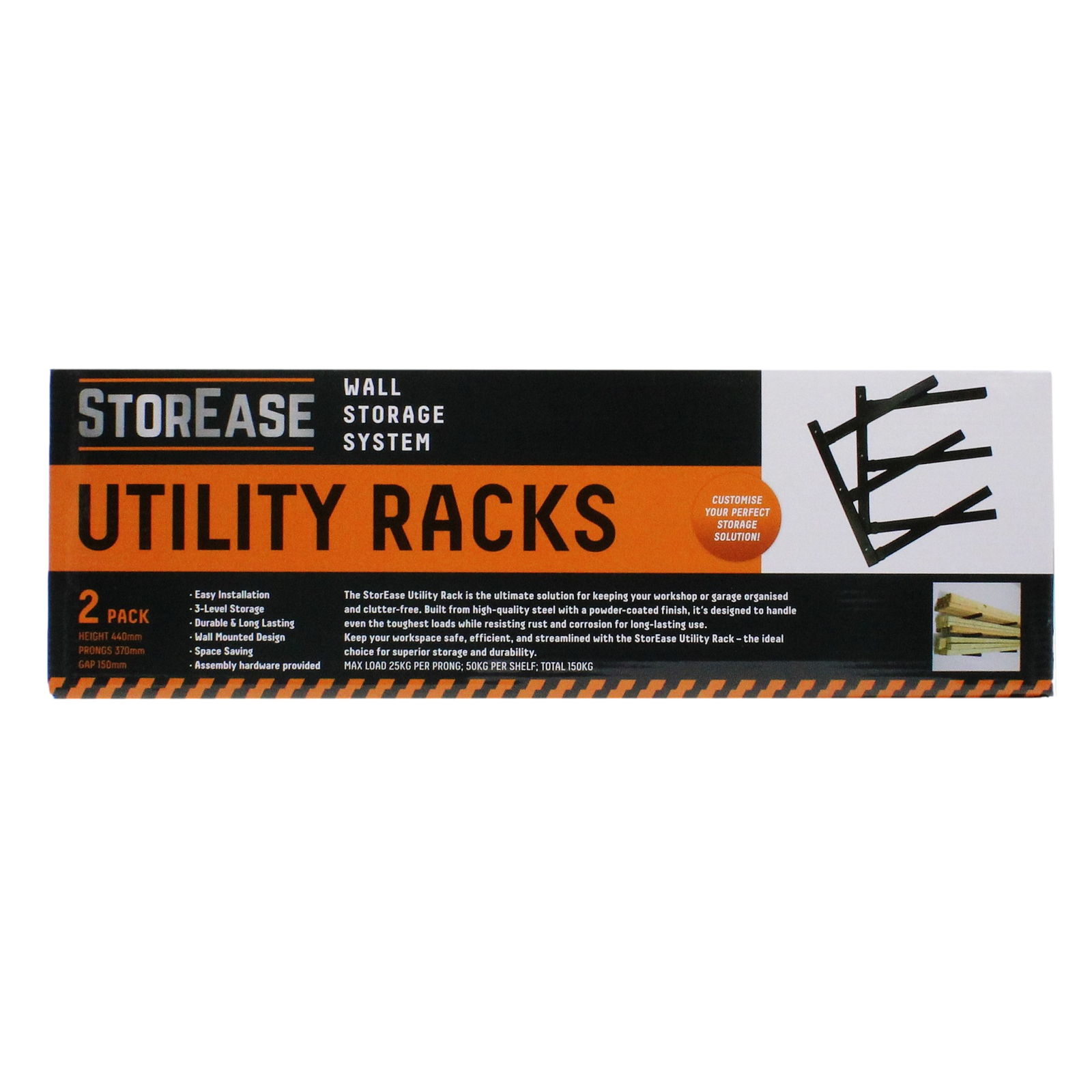 StorEase Black Powder Coated Steel Wall Storage System Utility Racks 2 Pack