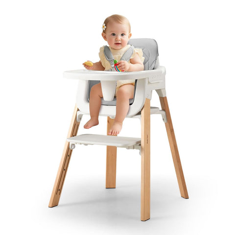 3-in-1 Wooden Baby High Chair - Grey - 5-Point Harness, Food-Grade Tray, 5-Level Footrest