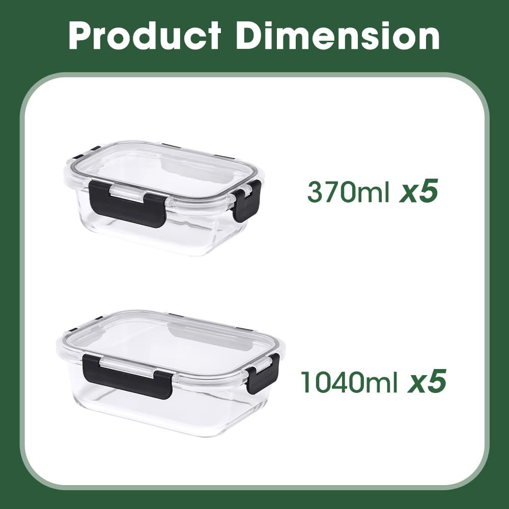 Glass Food Storage Containers 10 Pack - 1040ml and 370ml - Borosilicate Glass, Snap Lids with Silicone Seals, BPA Free