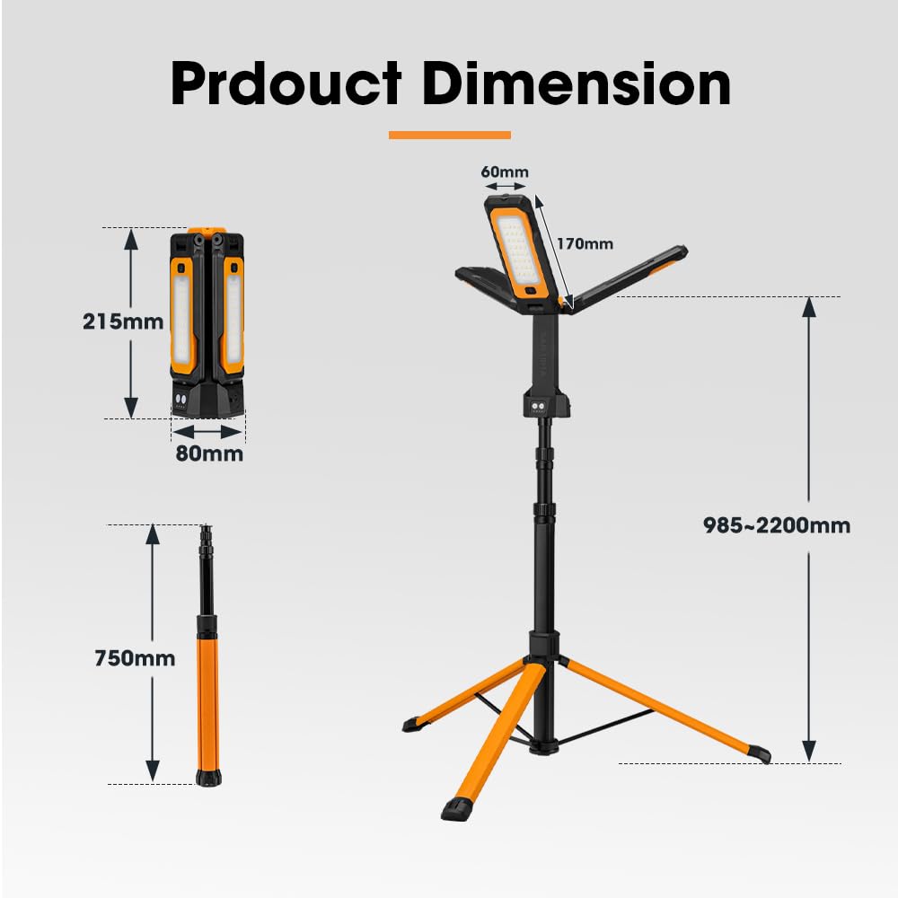 Telescopic Camping Light with Tripod - 1500 Lumens - Extends 98.5 to 220cm, 3 Adjustable Panels, IPX4, USB-C Rechargeabl