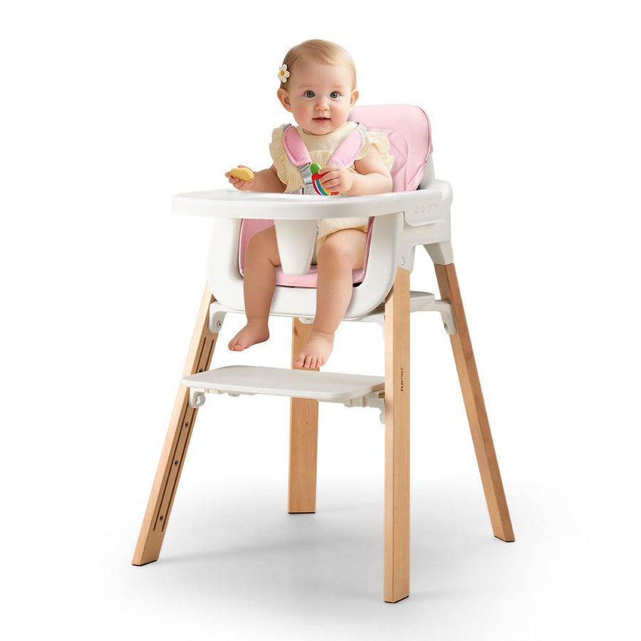 3-in-1 Wooden Baby High Chair - Pink - 5-Point Harness, Food-Grade Tray, 5-Level Footrest