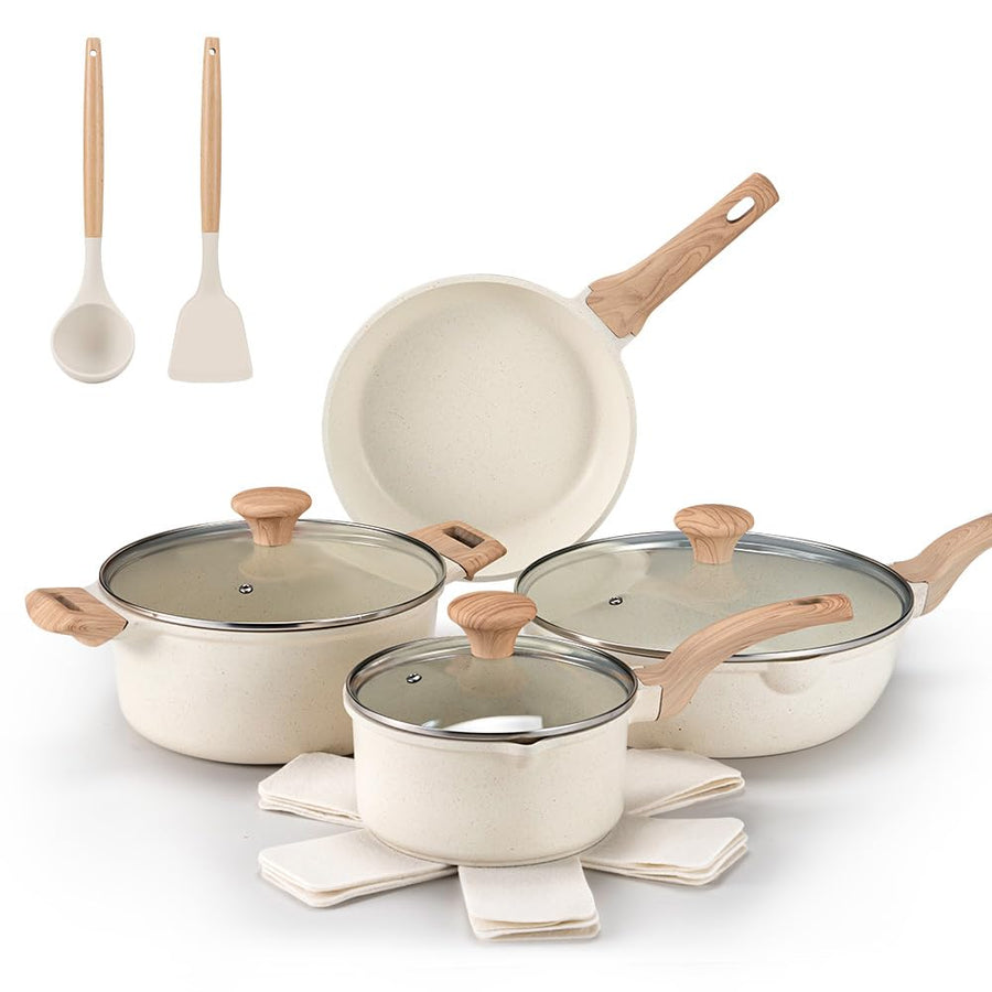 Classic Cookware Set 13 Piece - White - Nonstick Granite Coating, Fixed Stay Cool Handles, PFOA and PFOS Free