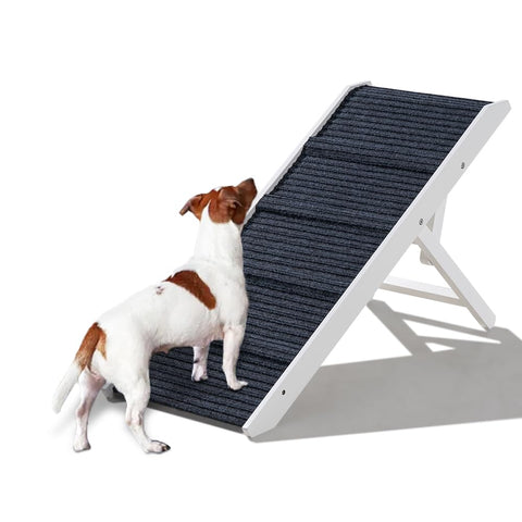 Adjustable Dog Ramp for Bed - White, 90cm Long - Three Heights 33, 39 and 45cm, Holds 60kg, Non Slip Carpet