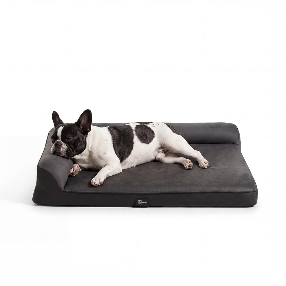 Dog Bed with L Shaped Bolsters - Grey, Medium 71 x 58 x 15cm - Velvet, Egg Crate Foam, Non Slip Base