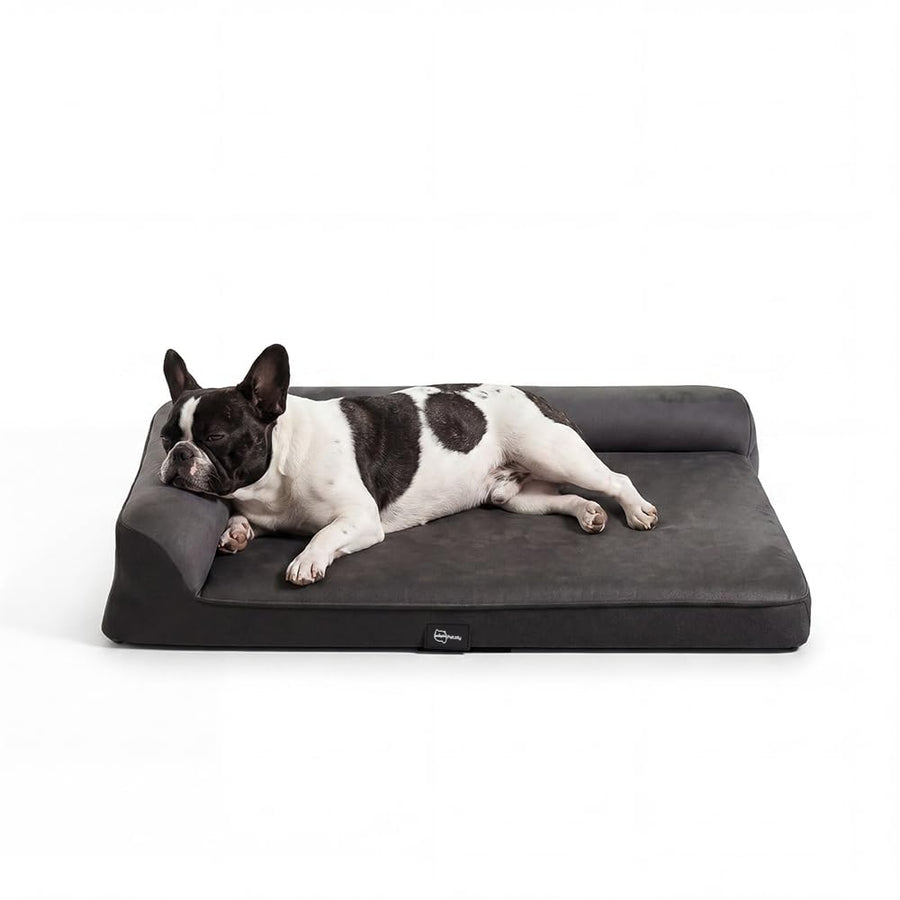 Dog Bed with L Shaped Bolsters - Grey, Medium 71 x 58 x 15cm - Velvet, Egg Crate Foam, Non Slip Base