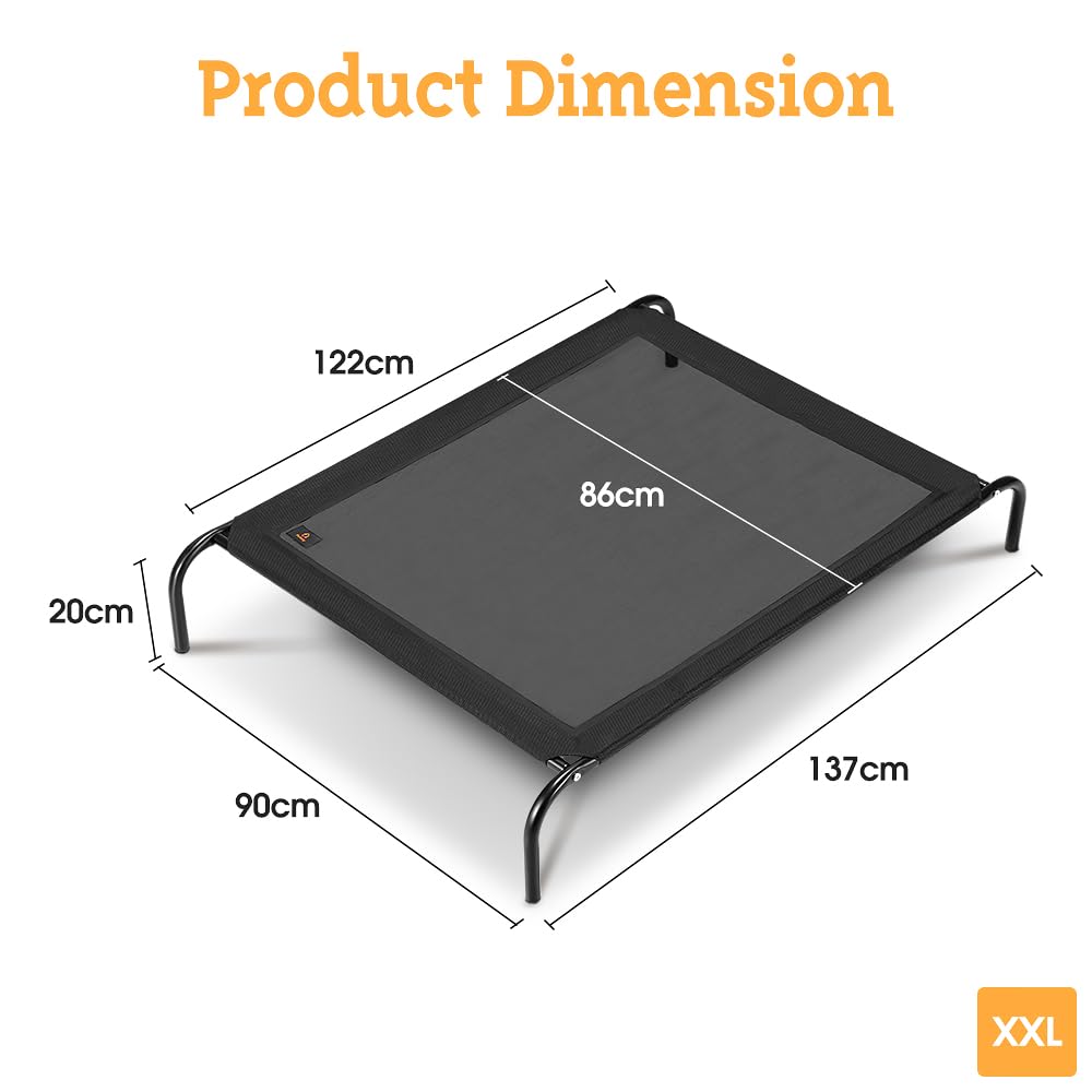 Cooling Elevated Dog Bed - Black, XXL 137 x 90 x 20cm - Breathable Textilene Mesh, Skid Resistant Feet, Holds 60kg