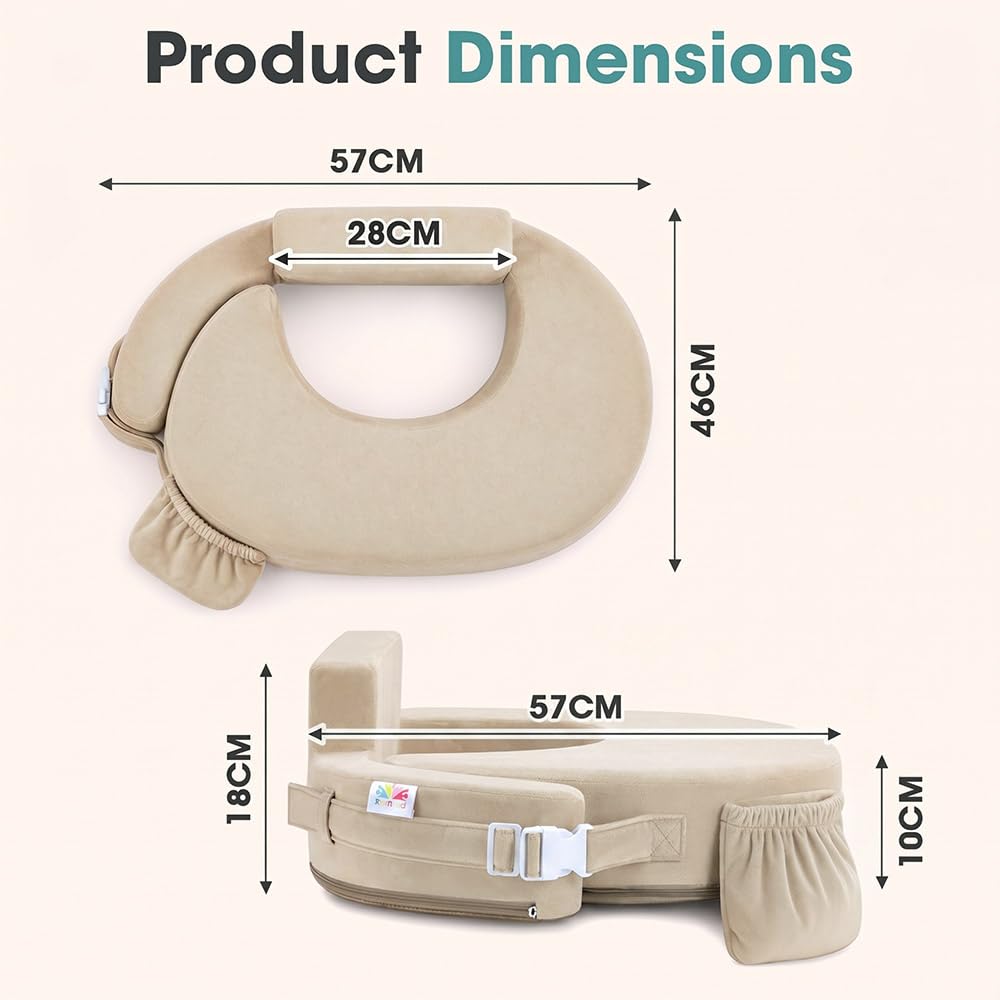 Nursing Pillow with Side Pocket - Beige - Wide Wrap-Around Fit, High-Density Foam, OEKO-TEX Cover