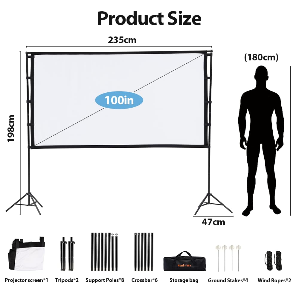 Outdoor Projector Screen with Stand 100 Inch - 235 x 198cm - 16:9, 1080P, 25mm Steel Frame, Carry Bag Included