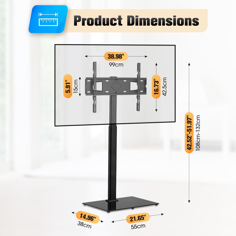 Swivel TV Floor Stand Height Adjustable - Black - Fits 32 to 65 Inch up to 40kg, 12 Height Settings, 8mm Glass Base