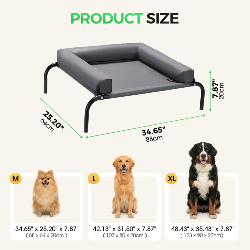 Cooling Elevated Dog Bed with Bolster - Grey, Medium 88 x 64 x 20cm - Textilene Mesh, Steel Frame, Holds 60kg