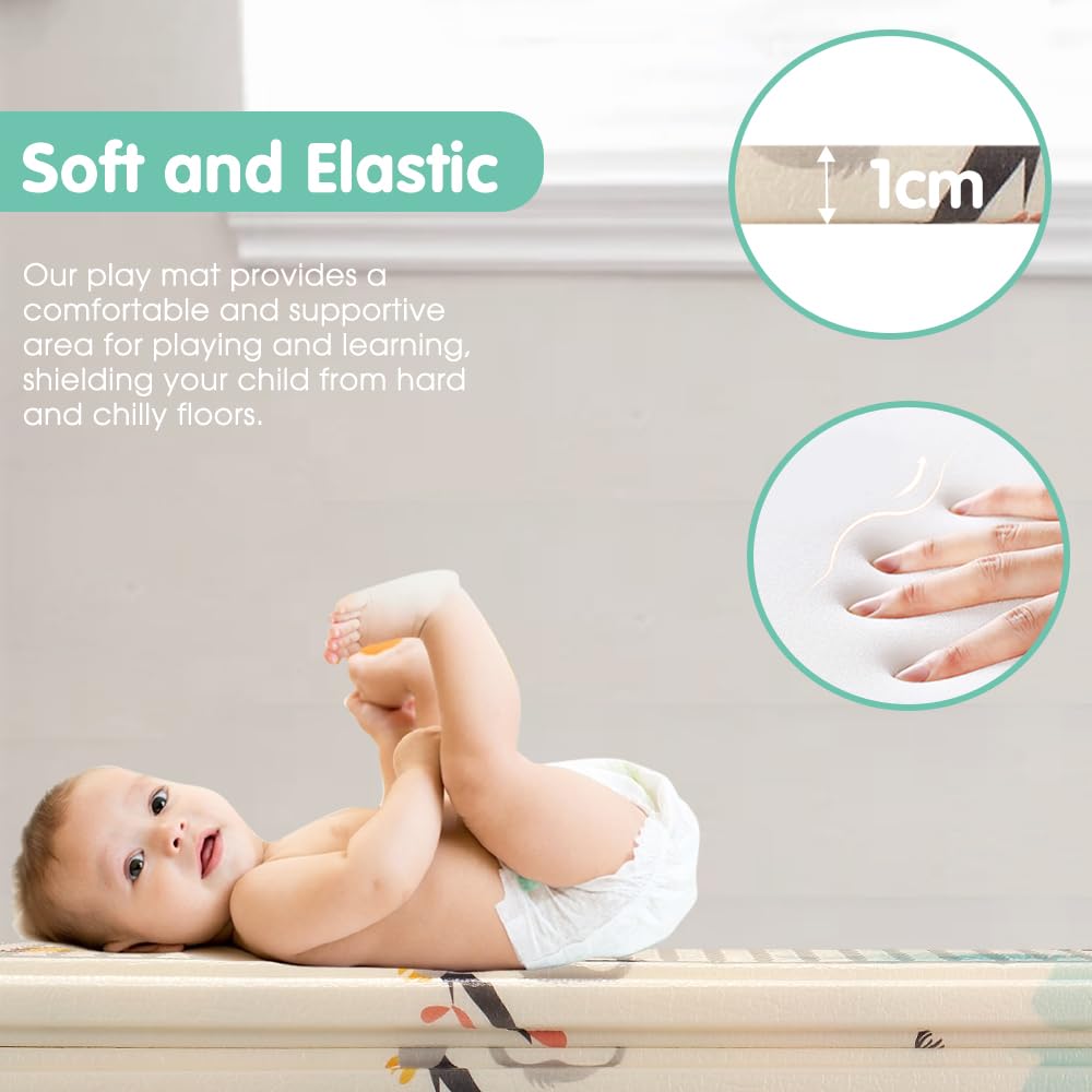 Foldable Baby Play Mat 200 x 180cm - Zoo Animals - 1cm XPE Foam, Reversible, Travel Bag