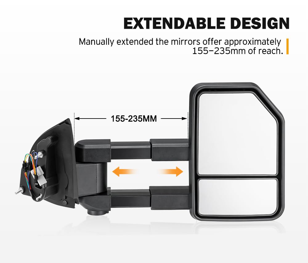 Towing Mirrors for Ford Ranger 2012-2022 - Pair - Extends 80mm, Plug and Play Wiring, Flat and Convex Glass, Aluminium
