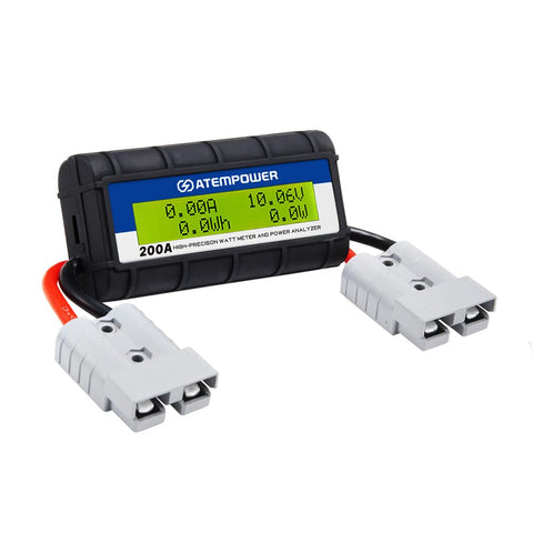 12V Power Analyser 200A - Black - 8 Parameter Watt Meter, Backlit LCD, Anderson Style Plugs, Caravan and Solar