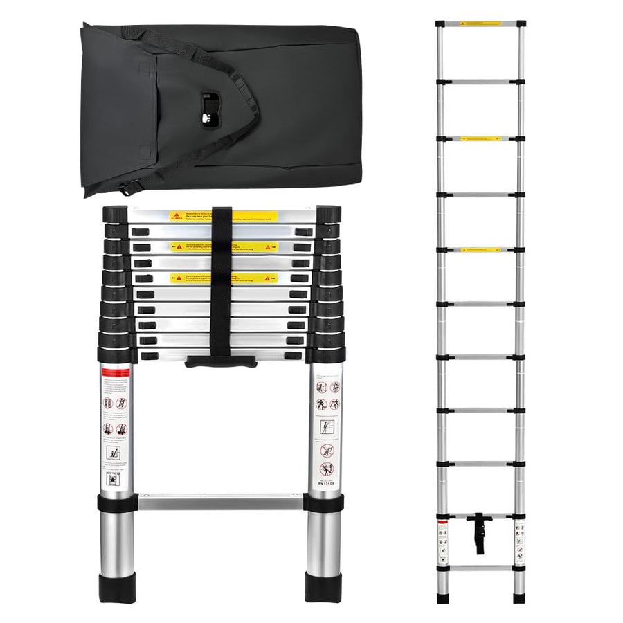 Telescopic Aluminium Ladder 3.2m - Silver - 150kg Capacity, Auto Lock Sections, Collapses for Storage, Carry Bag