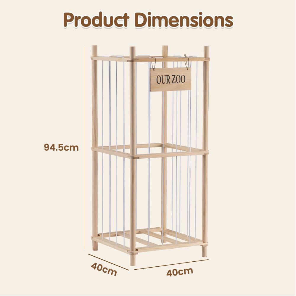 Soft Toy Storage Tower 2-Tier - Natural Wood 94.5cm - Holds 30+ Plush Toys, Elastic Bar Shelves