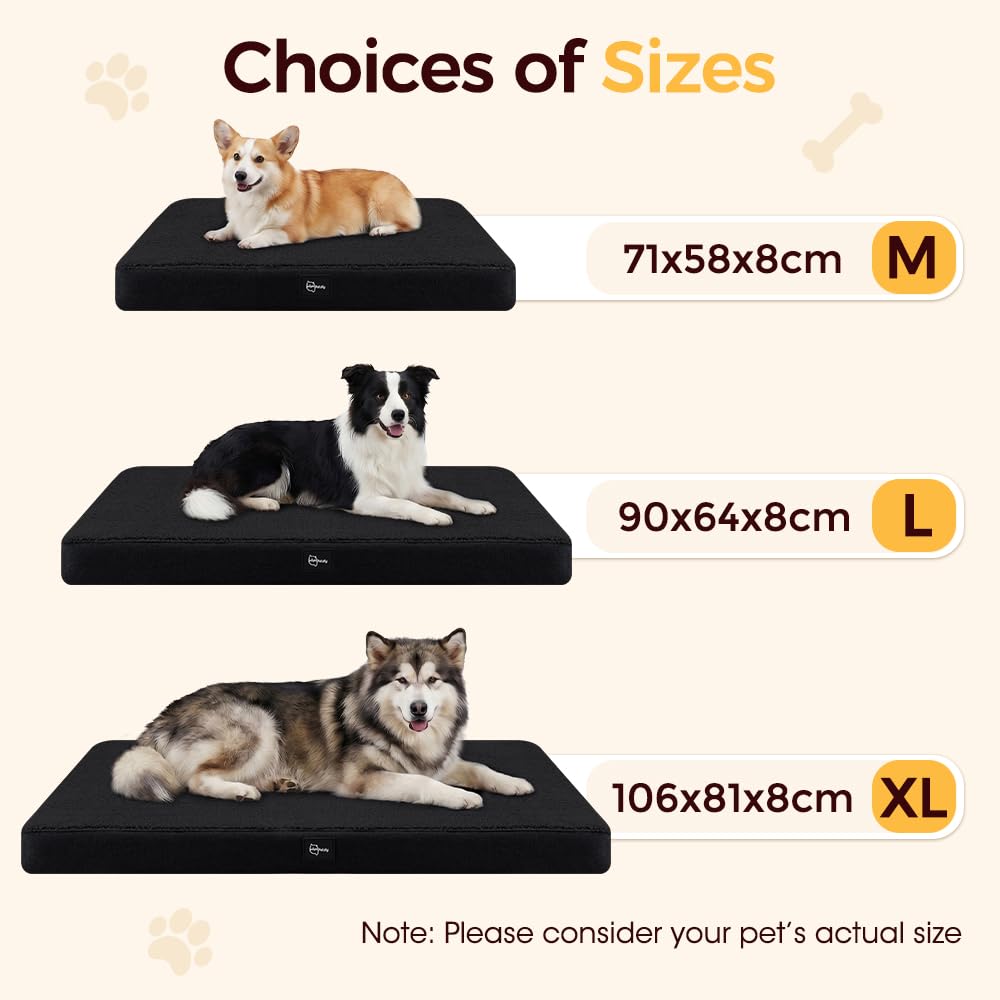 Orthopedic Dog Bed with Waterproof Lining - Black, Medium 71 x 58 x 8cm - Memory Foam, Coral Fleece, Washable Cover