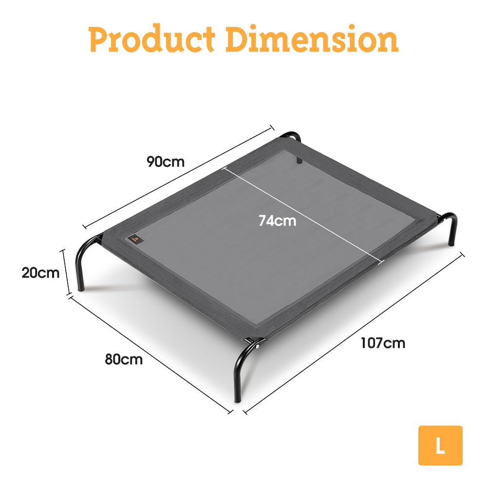 Cooling Elevated Dog Bed - Grey, Large 107 x 80 x 20cm - Breathable Textilene Mesh, Washable, Holds 60kg