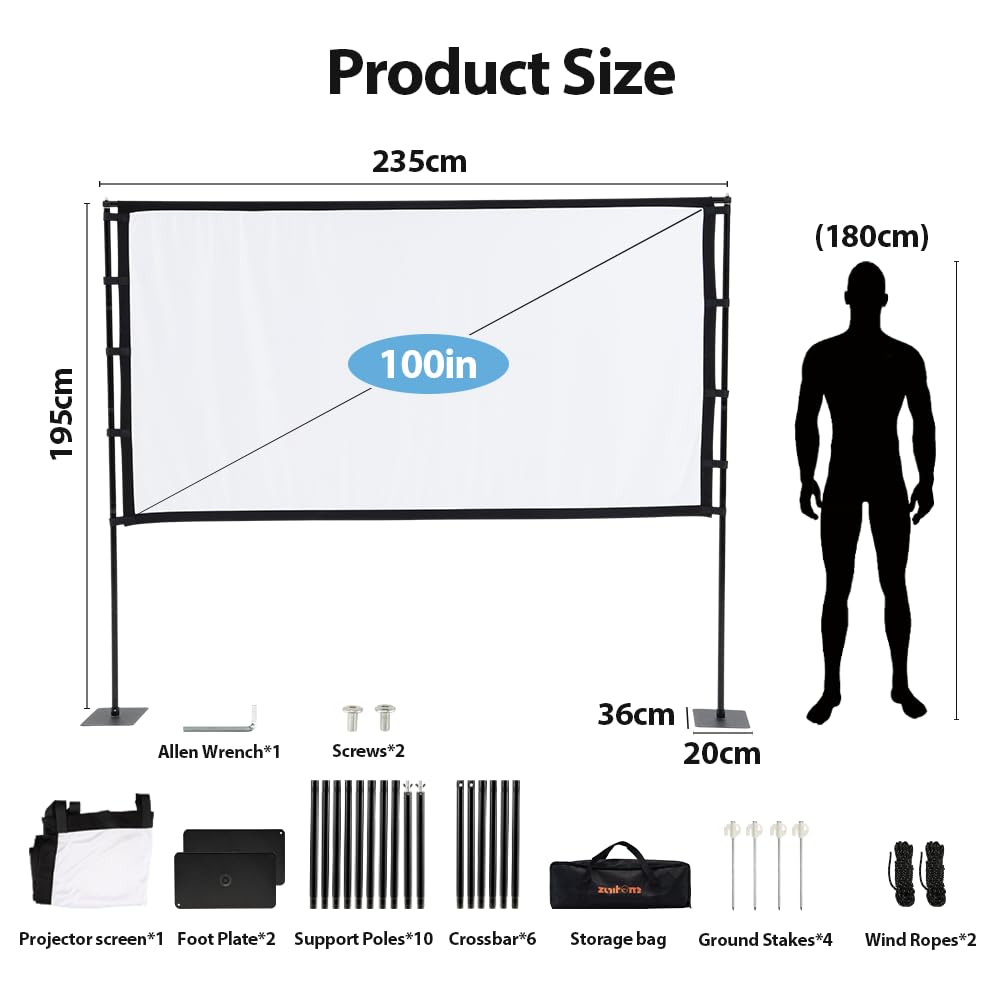 Projector Screen with Stand 100 Inch - 235 x 195cm - 16:9, 1080P, Polyester Fabric, 25mm Steel Frame, Carry Bag