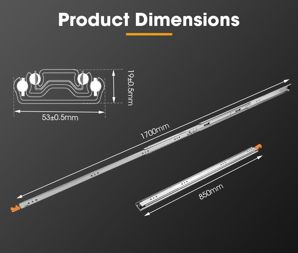 Heavy Duty Locking Drawer Slide - 850-1700mm - 125kg Load, Full Extension, Zinc Coated Steel, Lock In and Lock Out