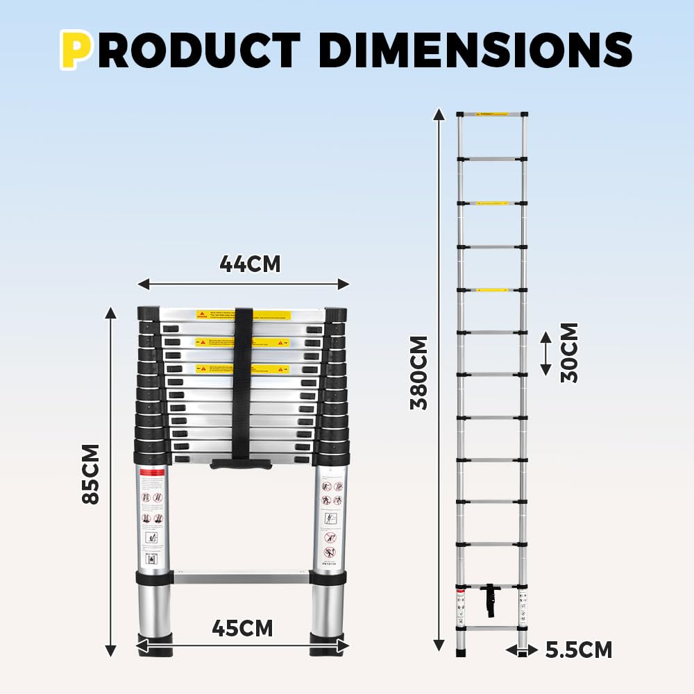 Telescopic Aluminium Ladder 3.8m - Silver - 150kg Capacity, Auto Lock Sections, Collapses for Storage, Carry Bag