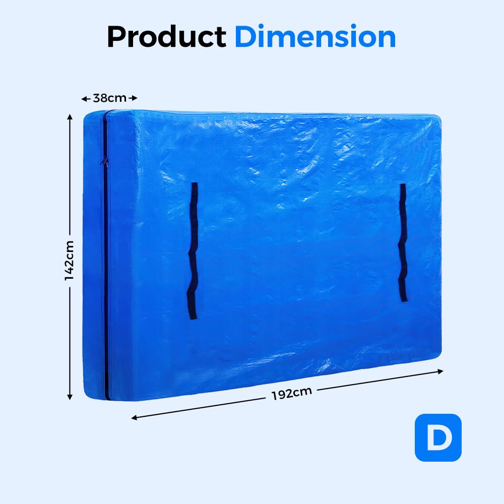 Mattress Bag for Moving and Storage - Double - 120gsm PE Tarp, 8 Heavy Duty Handles, Zip on Three Sides, Water Resistant