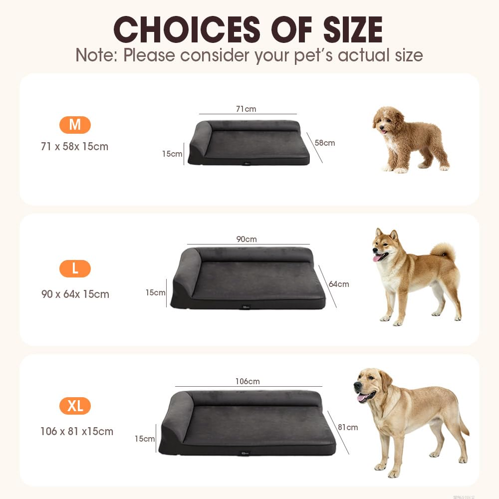 Dog Bed with L Shaped Bolsters - Grey, Medium 71 x 58 x 15cm - Velvet, Egg Crate Foam, Non Slip Base