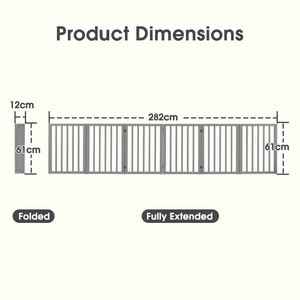 Foldable Dog Gate 6 Panel - Grey, 282 x 61cm - No Drill Freestanding, 180 Degree Hinges, Wooden Panels