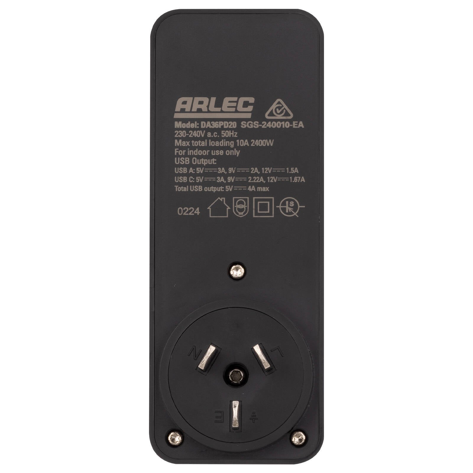 Arlec Power Adaptor with PD20W USB and 180 Degree Rotating Socket Black DA36PD20