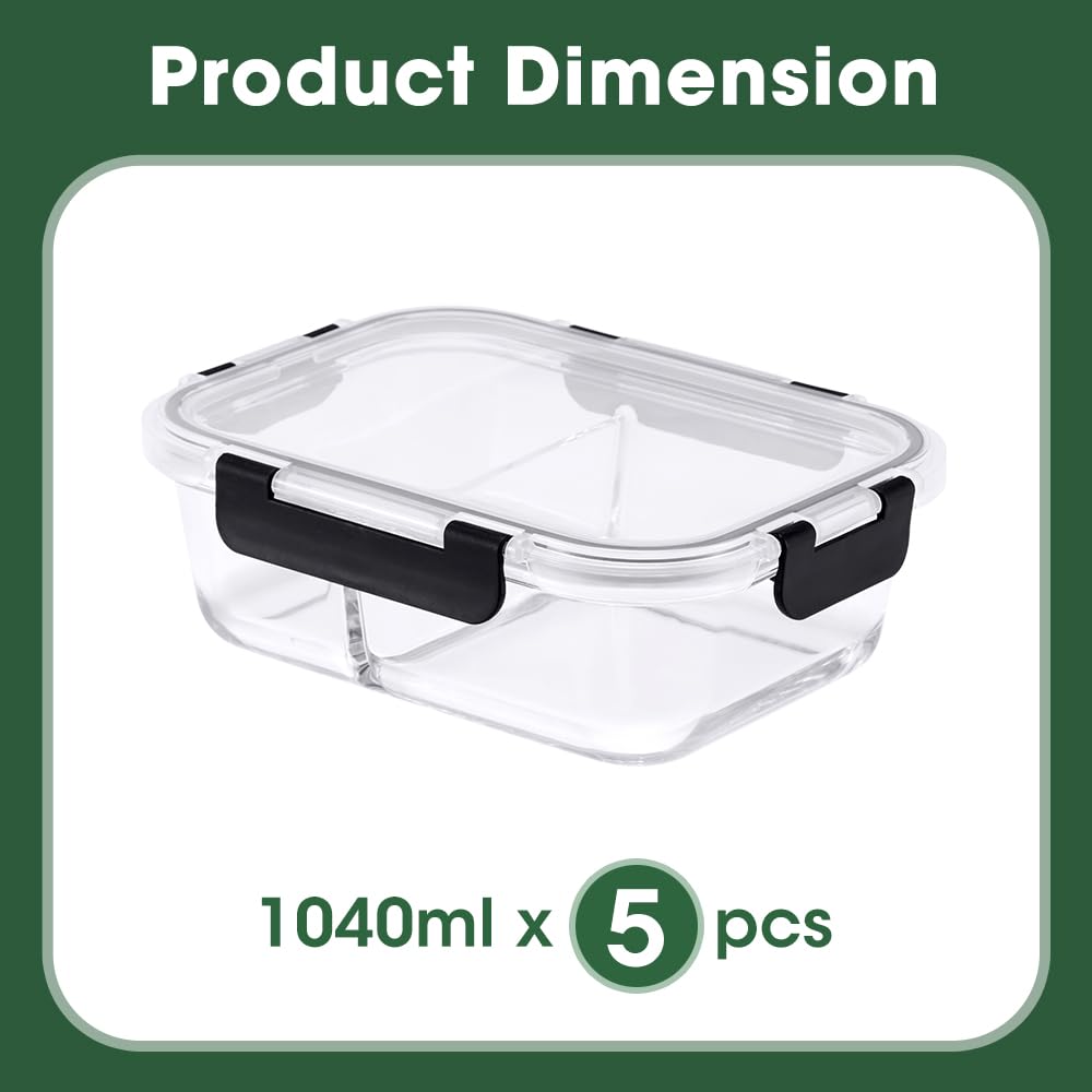 Glass Food Storage Containers 5 Pack - 1040ml - Borosilicate Glass, 2 Compartments, Snap Lids with Silicone Seals