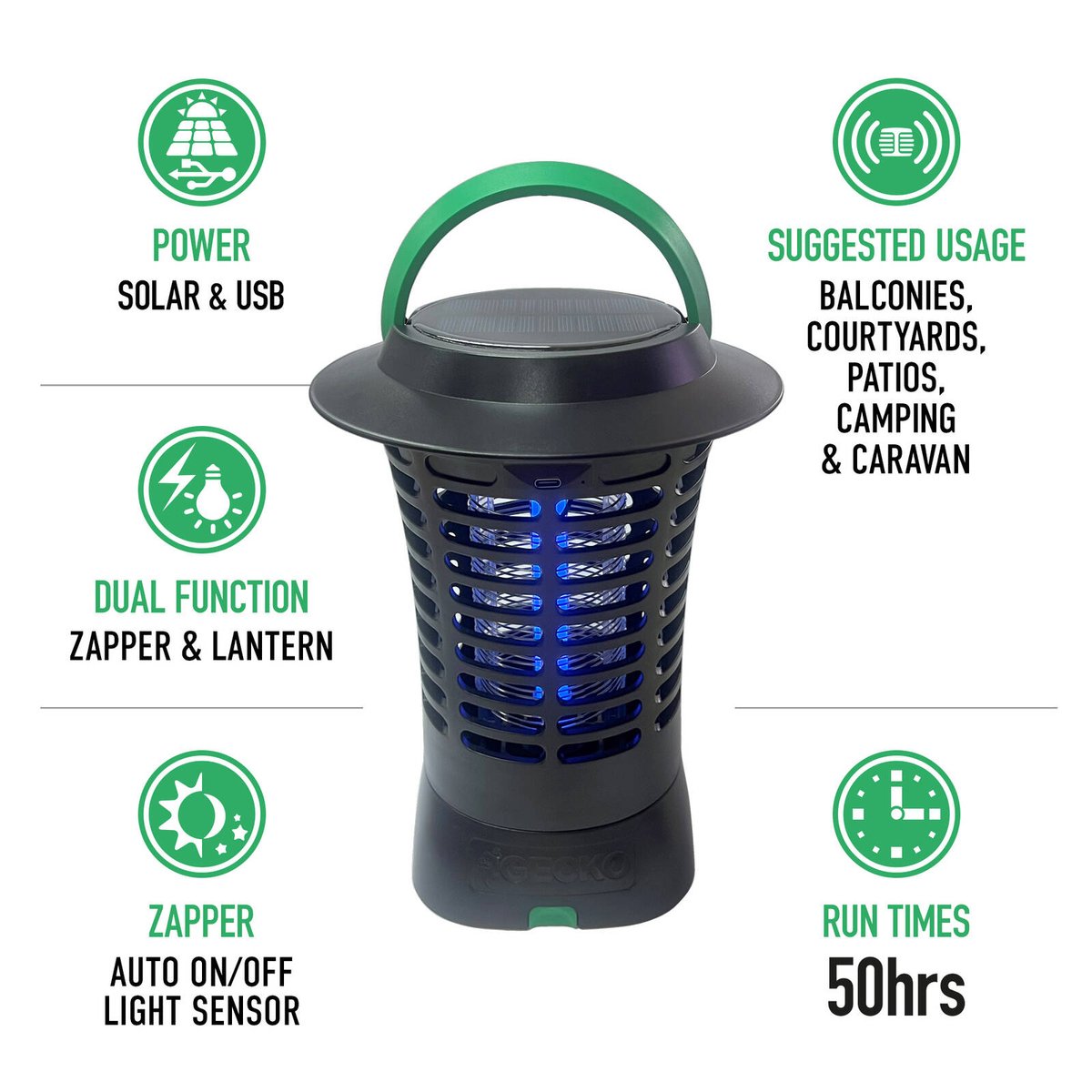 Gecko Solar USB Rechargeable Zapper - 175mm - High Impact Plastic - Lantern - SuperSaverAU - view 2