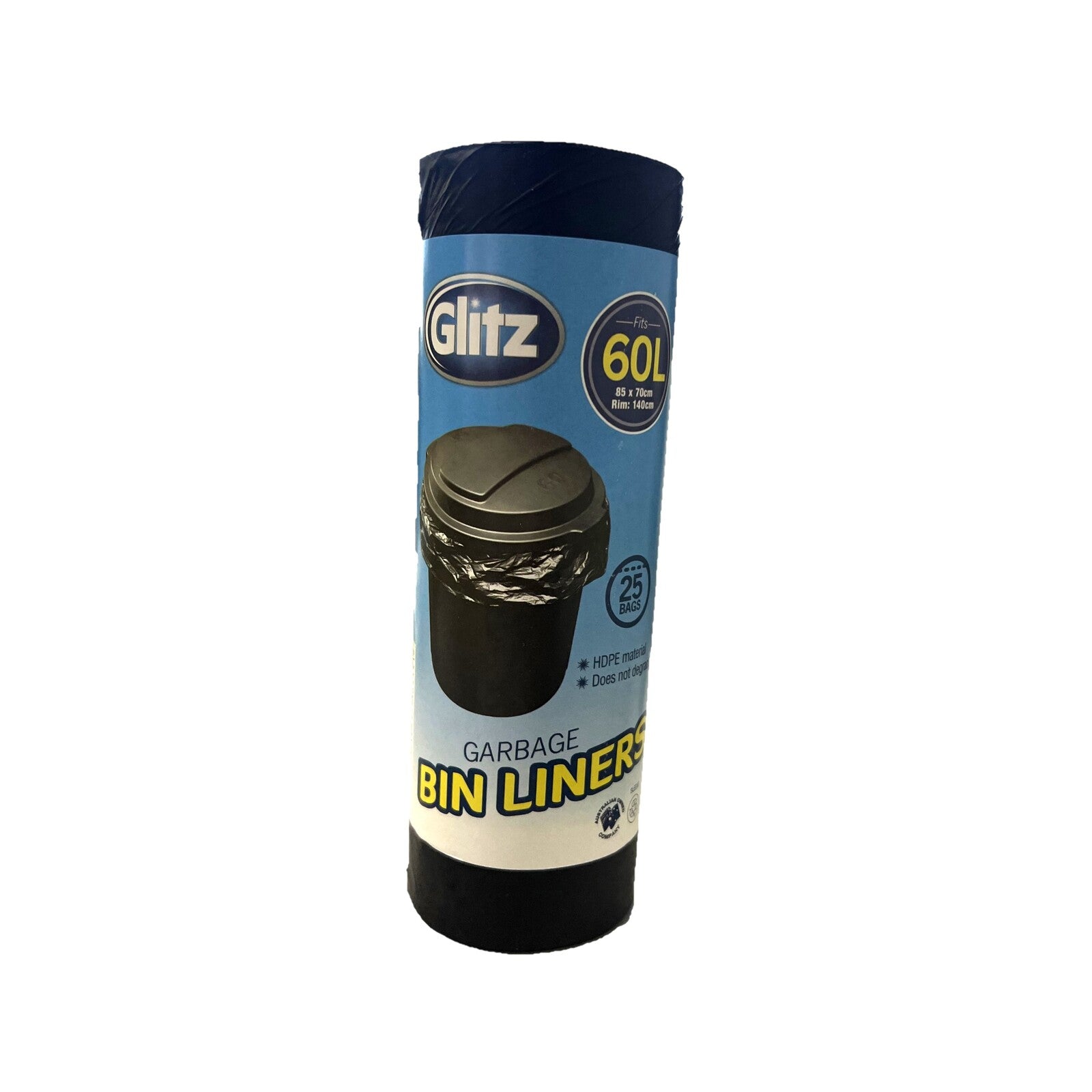 Glitz 60L Black Garbage Bags, 25 Pack, High-Density Polyethylene