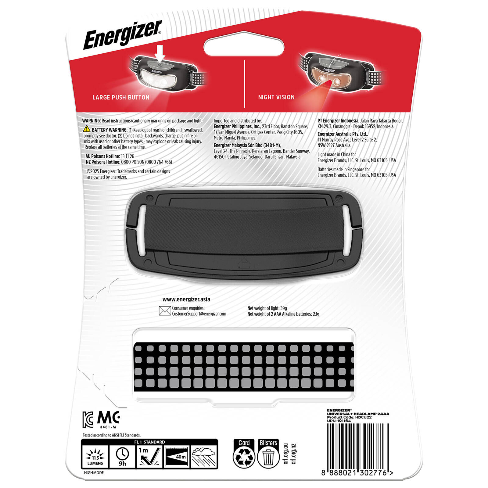 Energizer Universal 115 Lumen LED Headlamp, Red Night Vision, Adjustable Strap, Silver (HDCU22)