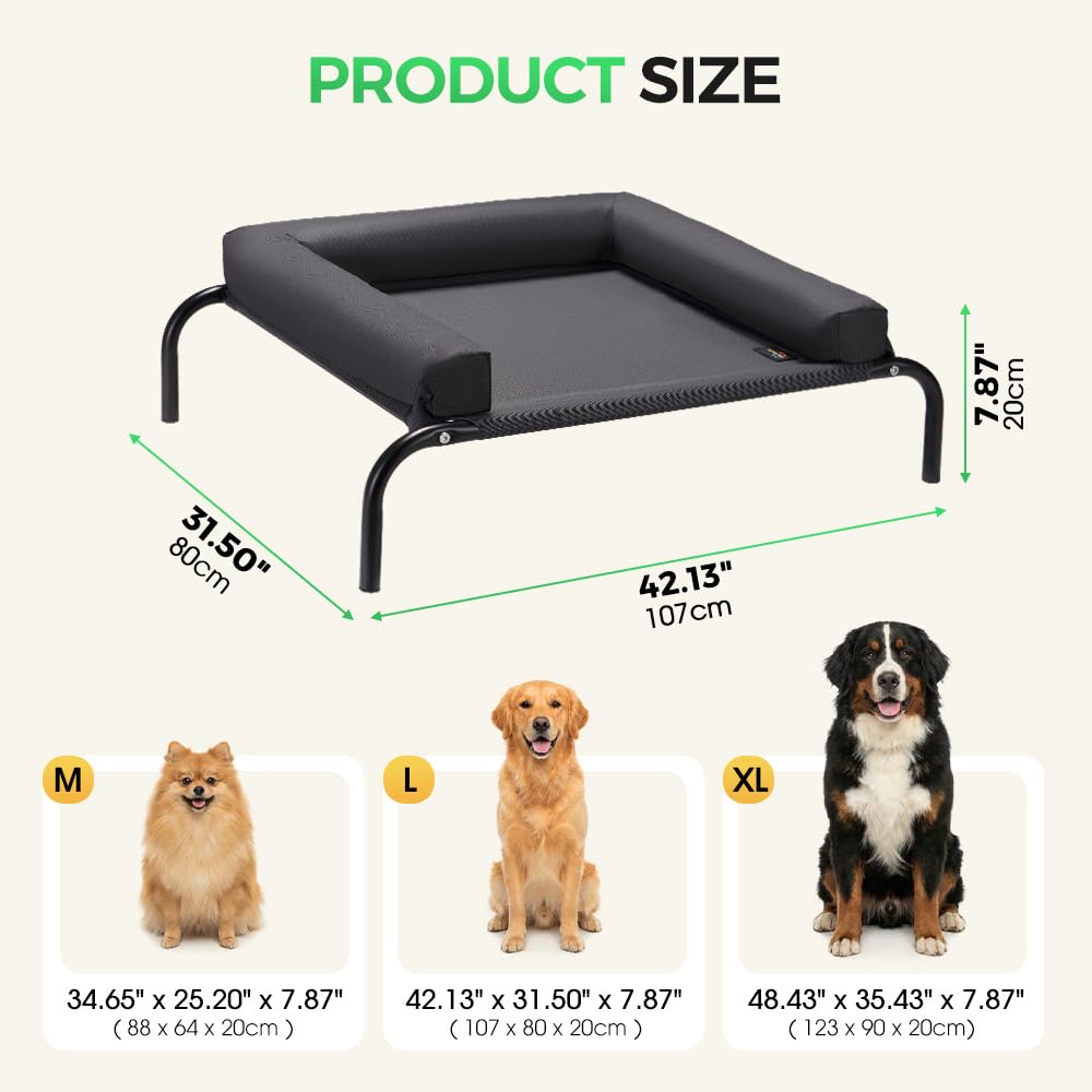 Cooling Elevated Dog Bed with Bolster - Black, Large 107 x 80 x 20cm - Textilene Mesh, Steel Frame, Holds 60kg