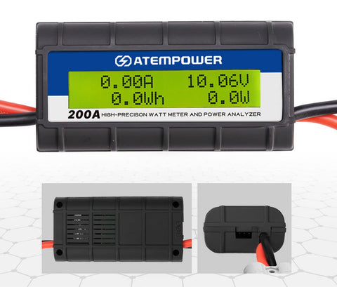 12V Power Analyser 200A - Black - 8 Parameter Watt Meter, Backlit LCD, Anderson Style Plugs, Caravan and Solar