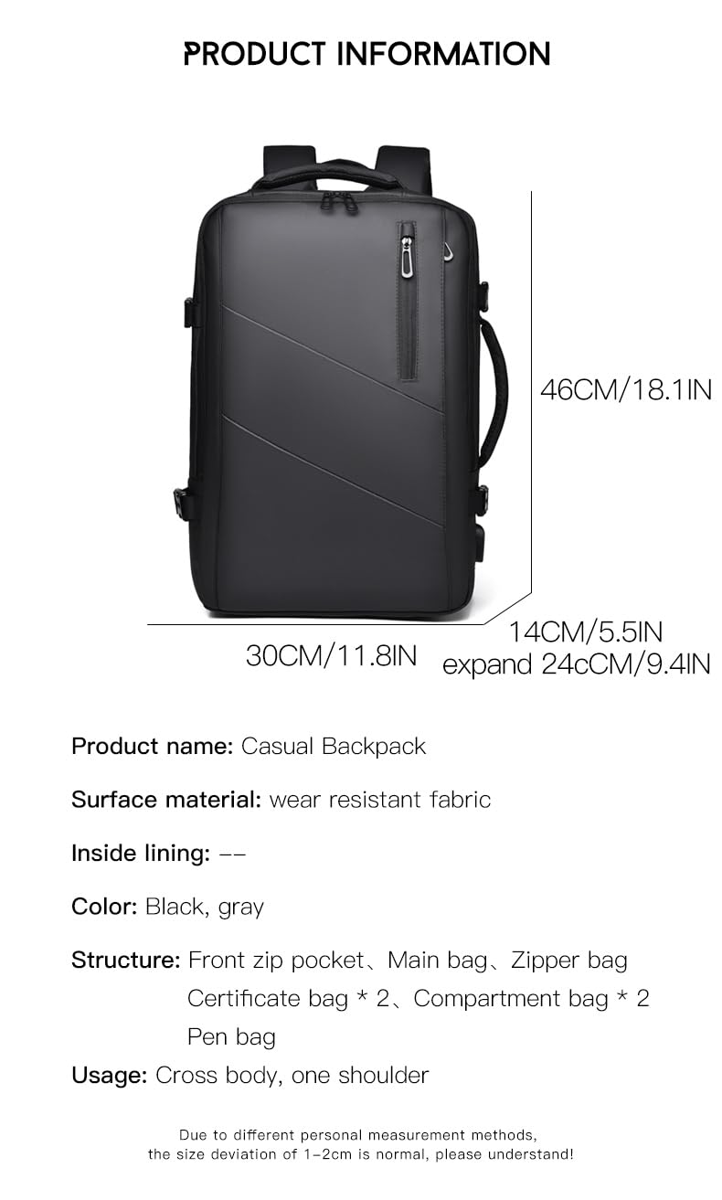 Travel Laptop Backpack 16" with USB Charging Port - Black