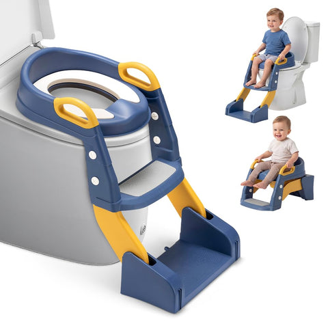 2-in-1 Potty Training Seat with Step Stool Ladder - Blue - Splash Guard, Soft PU Cushion, Non-Slip