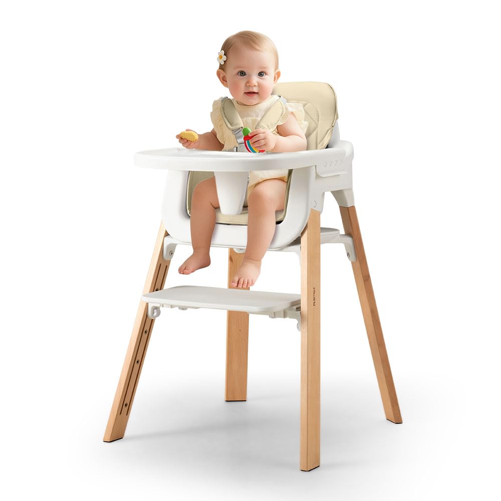 3-in-1 Wooden Baby High Chair - Khaki - 5-Point Harness, Food-Grade Tray, 5-Level Footrest